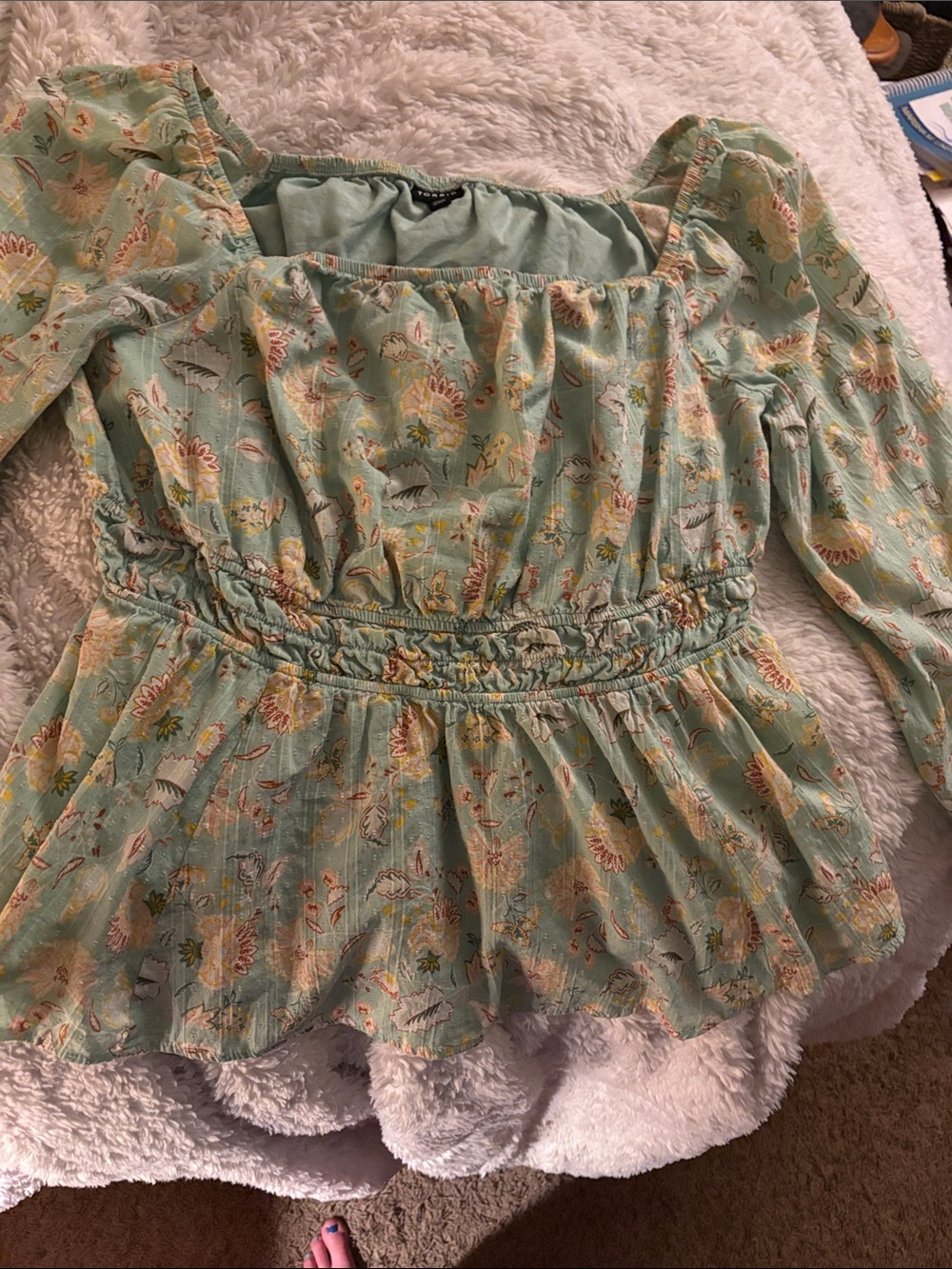 Torrid Floral Smocked Waist Peasant Top - Mint Green 2x